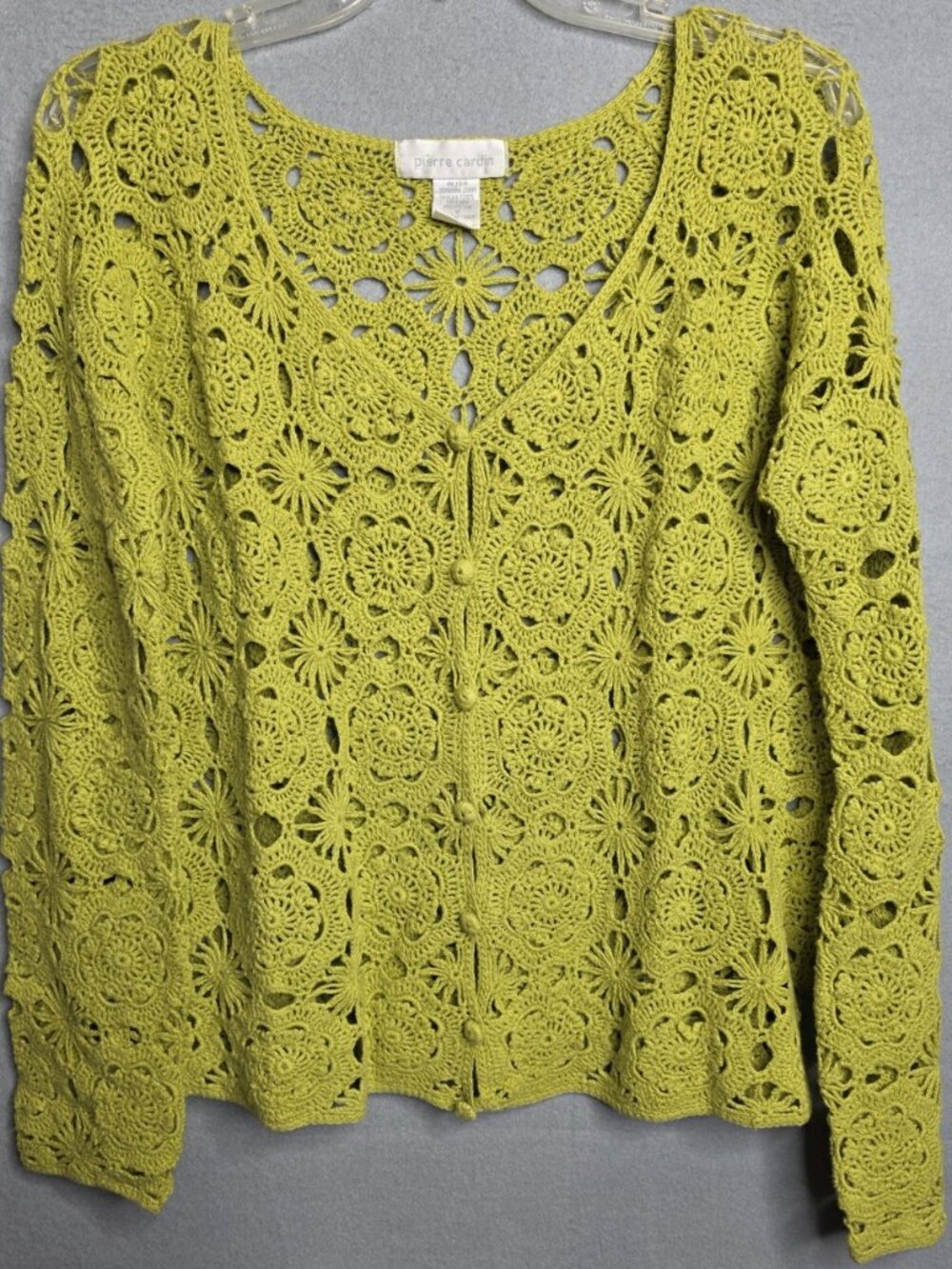 Pierre Cardin 90s Lime Green Crochet Linen Cotton Cardigan Sweater Size Med
